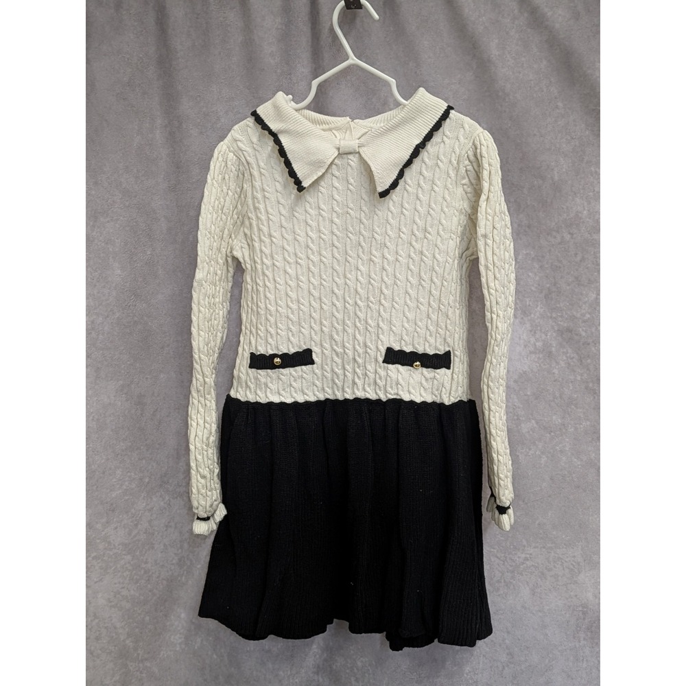 Janie and Jack Girls Cream Black Cable Knit Sweater Dress Collar Size 6 (C156)
